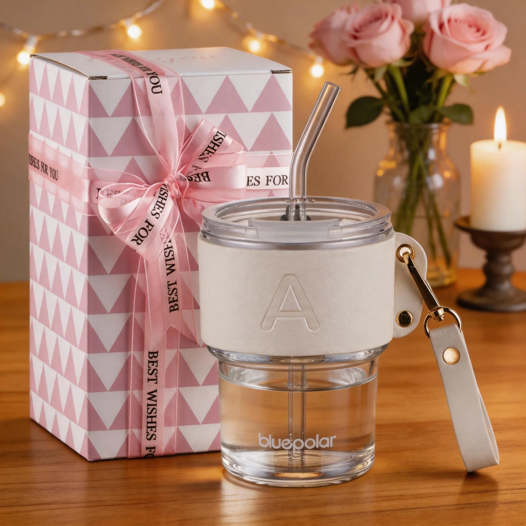 A monogram glass in its cream sleeve, with the pink gift box it ships in.