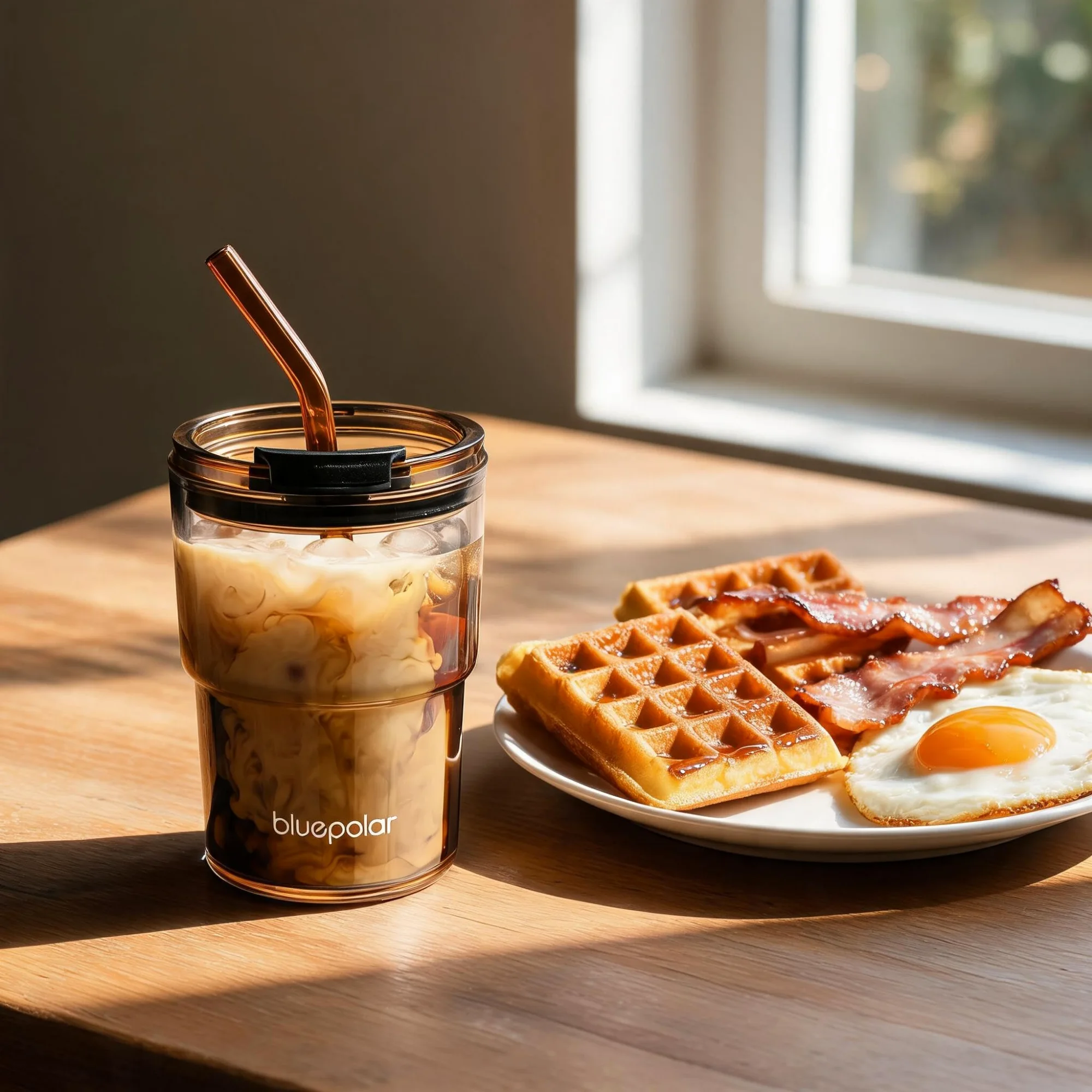 An amber glass of iced coffee next to a plate of waffles by a window.