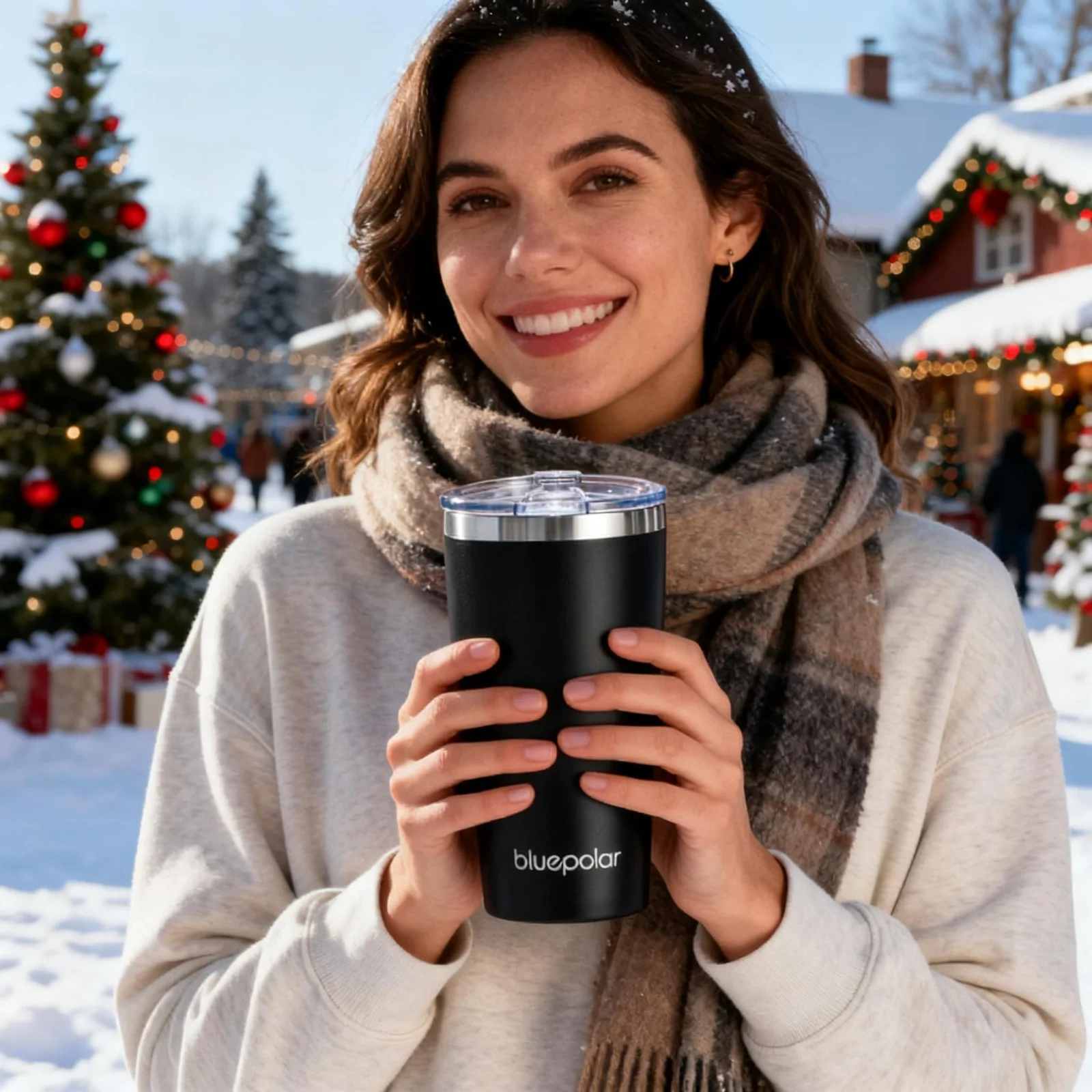 Our 20 oz steel cup in matte black, held outdoors on a snowy day.