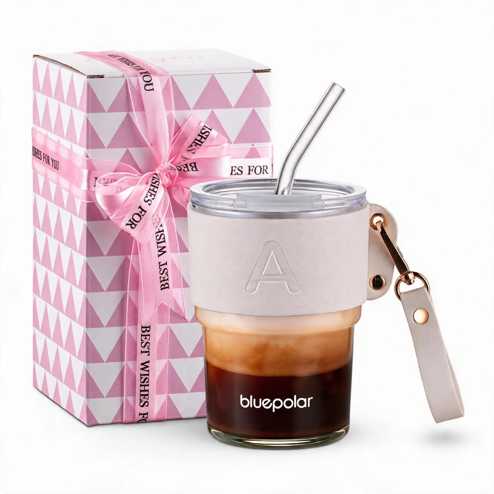 BLUEPOLAR Initial Glass Tumbler with Leather Sleeve, A