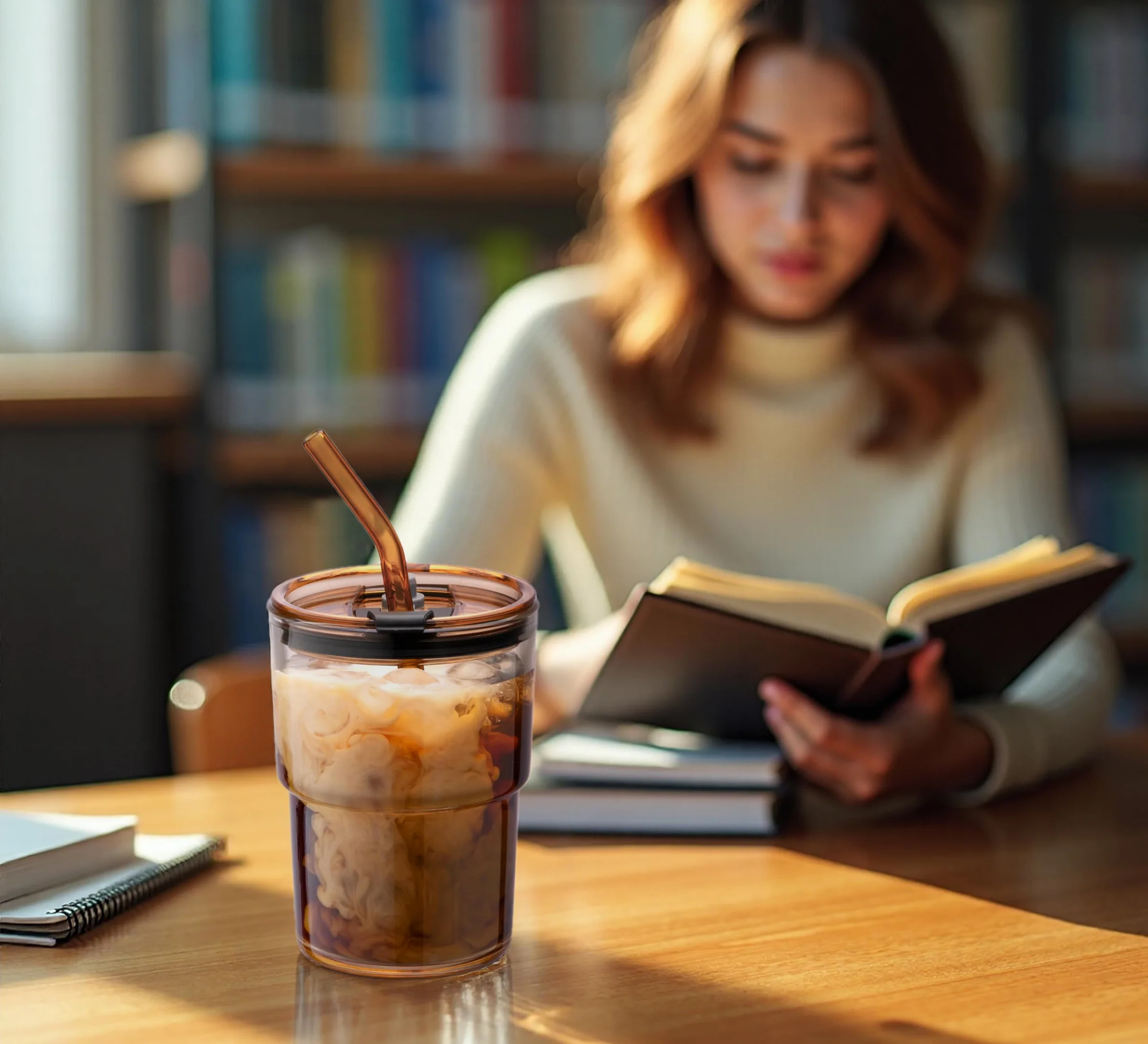 An amber BLUEPOLAR 13 oz glass of iced coffee.