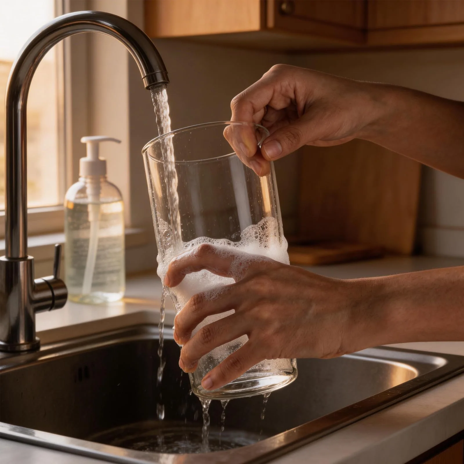 A glass tumbler rinsed under a kitchen tap.